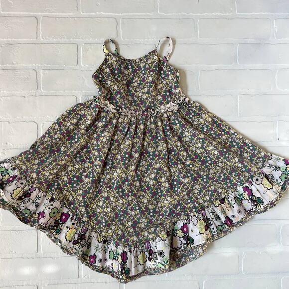 Hanna Anderson Girls Cotton Grey Floral Print Ruffle Dress Spaghetti Straps-sz 4 - Picture 1 of 5